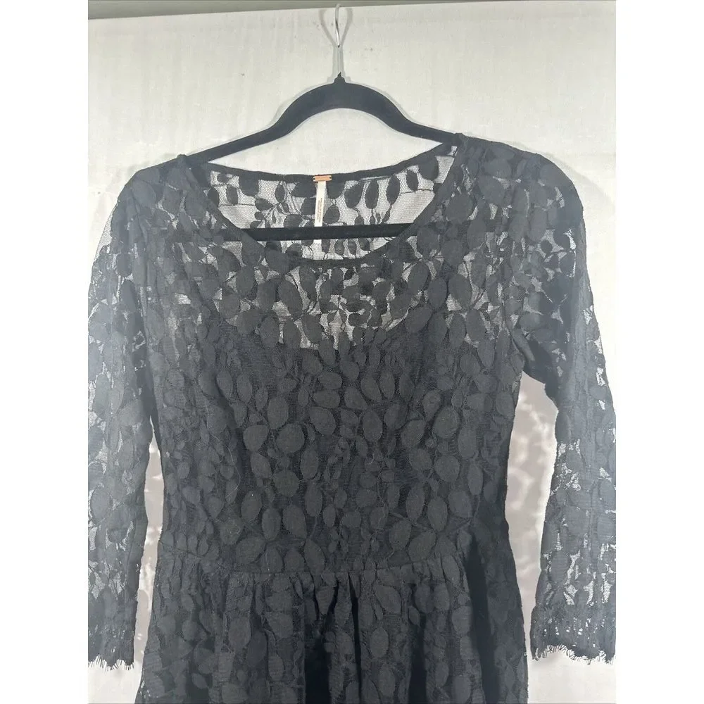 NEW $128 Free People [ 4 ] Skater‎ Floral Mesh Lace Dress in Black #u1184
